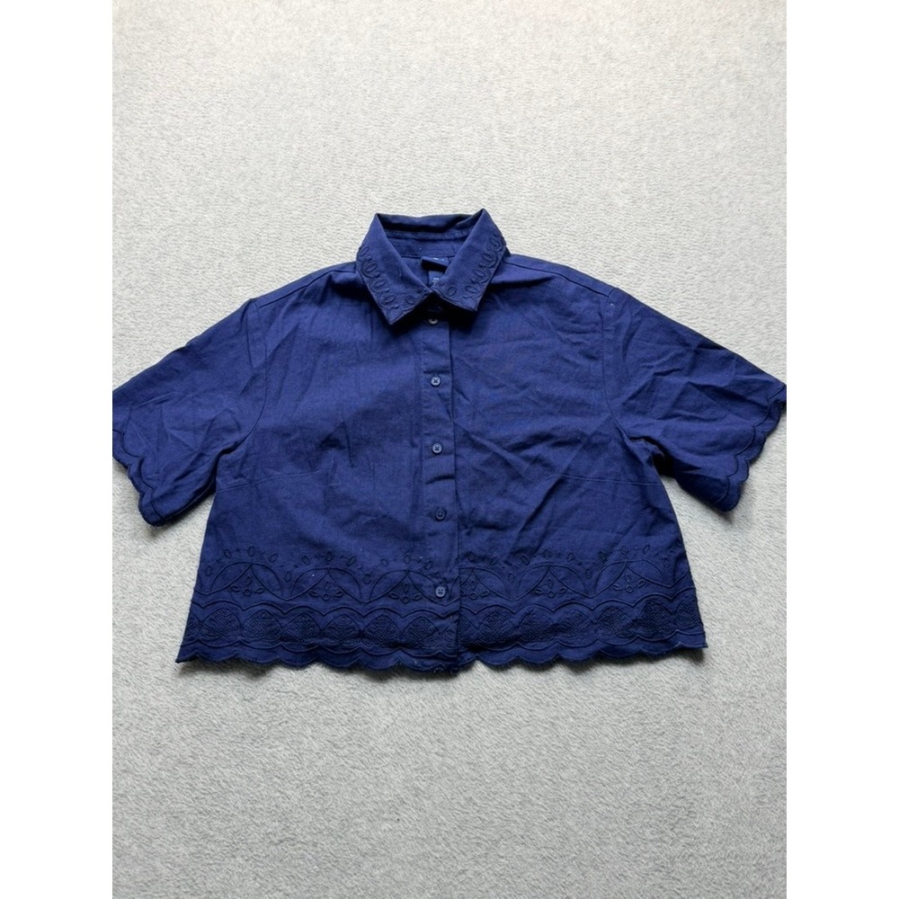 Roller Rabbit Navy Blue Eyelet Embroidered Linen Blend Cropped Button Down XXS